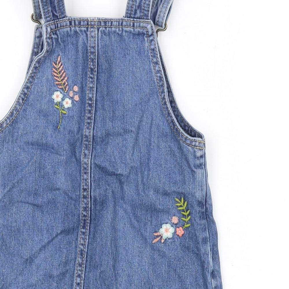 MANTARAY PRODUCTS Girls Blue Floral Cotton Pinafore/Dungaree Dress Size 5 Years Square Neck Hook & Eye