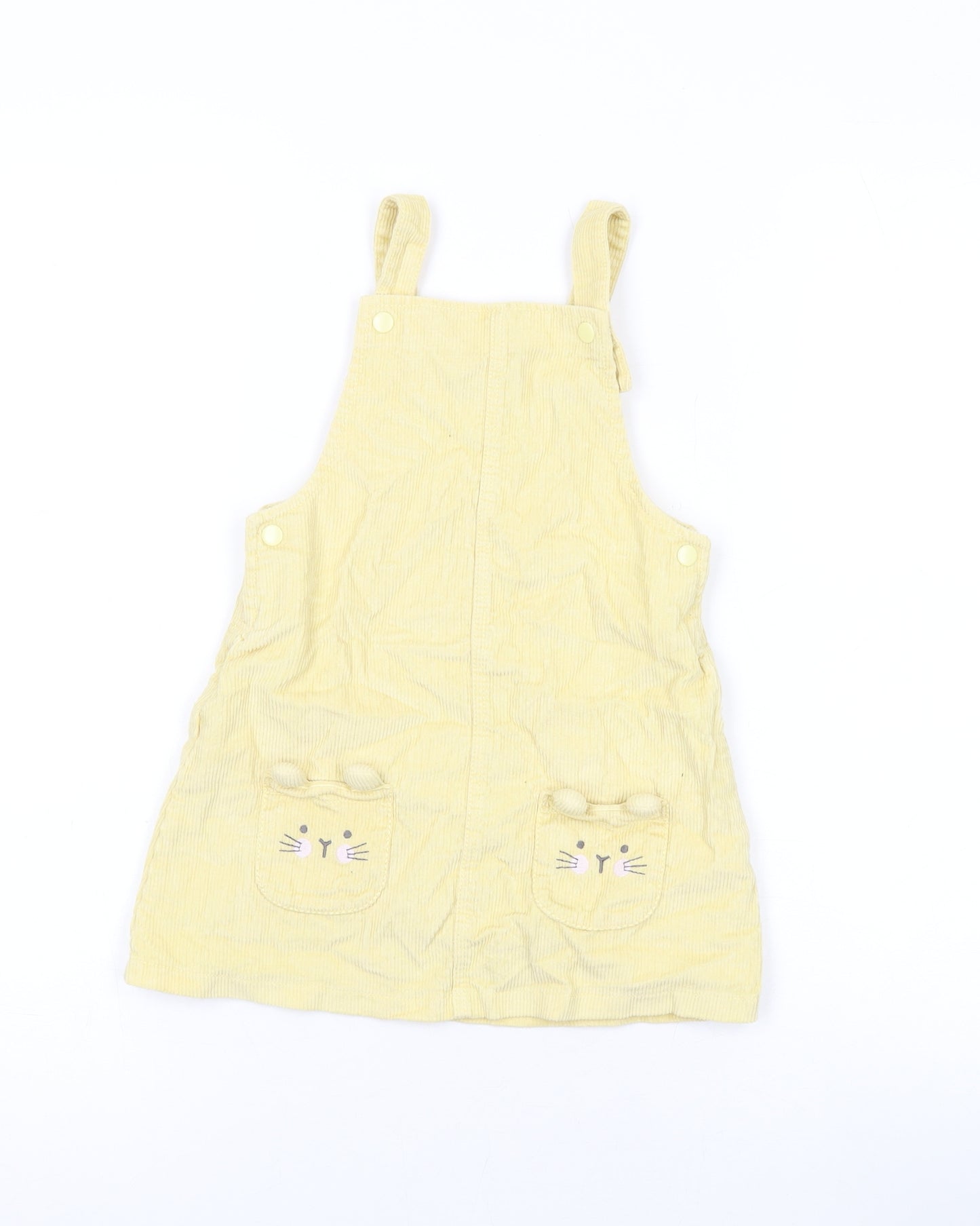 TU Girls Yellow Cotton Pinafore/Dungaree Dress Size 18-24 Months Square Neck Snap
