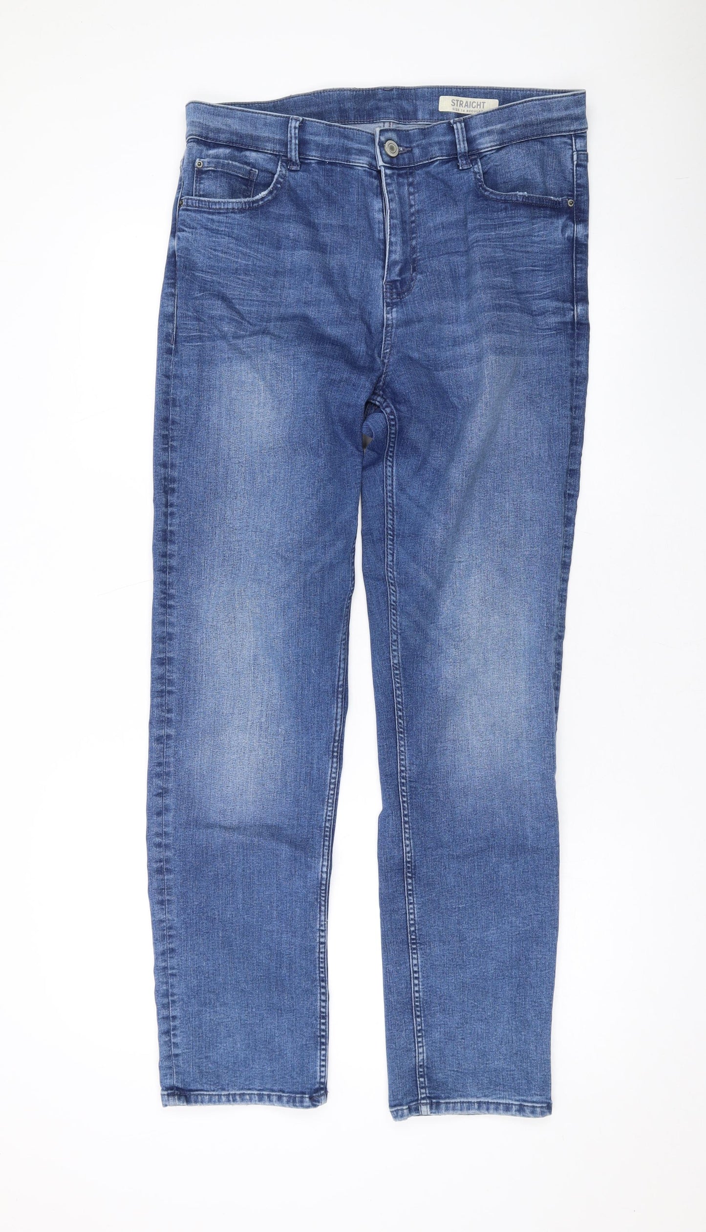 Marks and Spencer Womens Blue Cotton Straight Jeans Size 14 L28 in Regular Zip