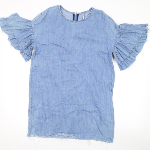 Zara Womens Blue Cotton A-Line Size M Round Neck Zip