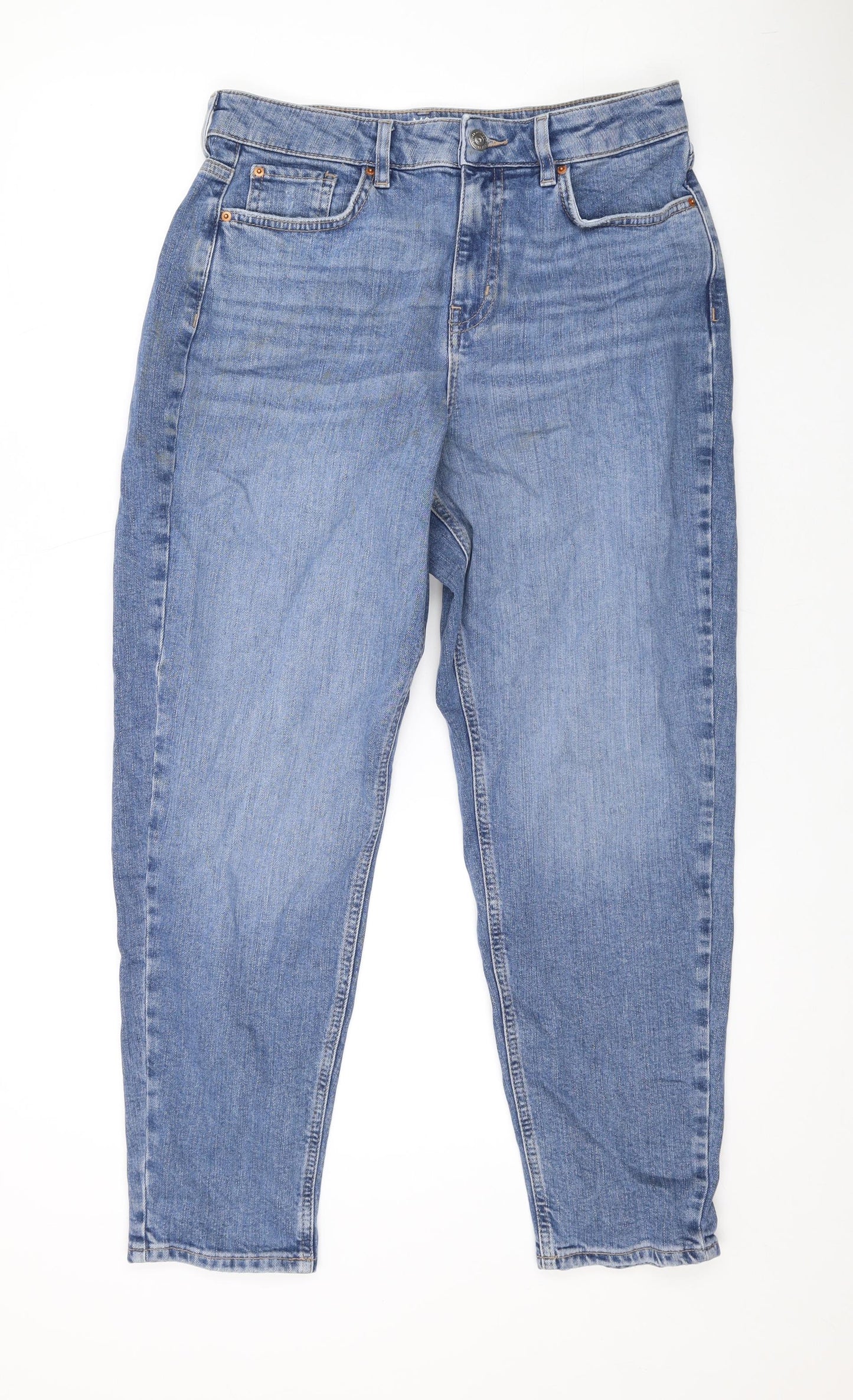 Marks and Spencer Womens Blue Cotton Mom Jeans Size 12 L27 in Regular Zip