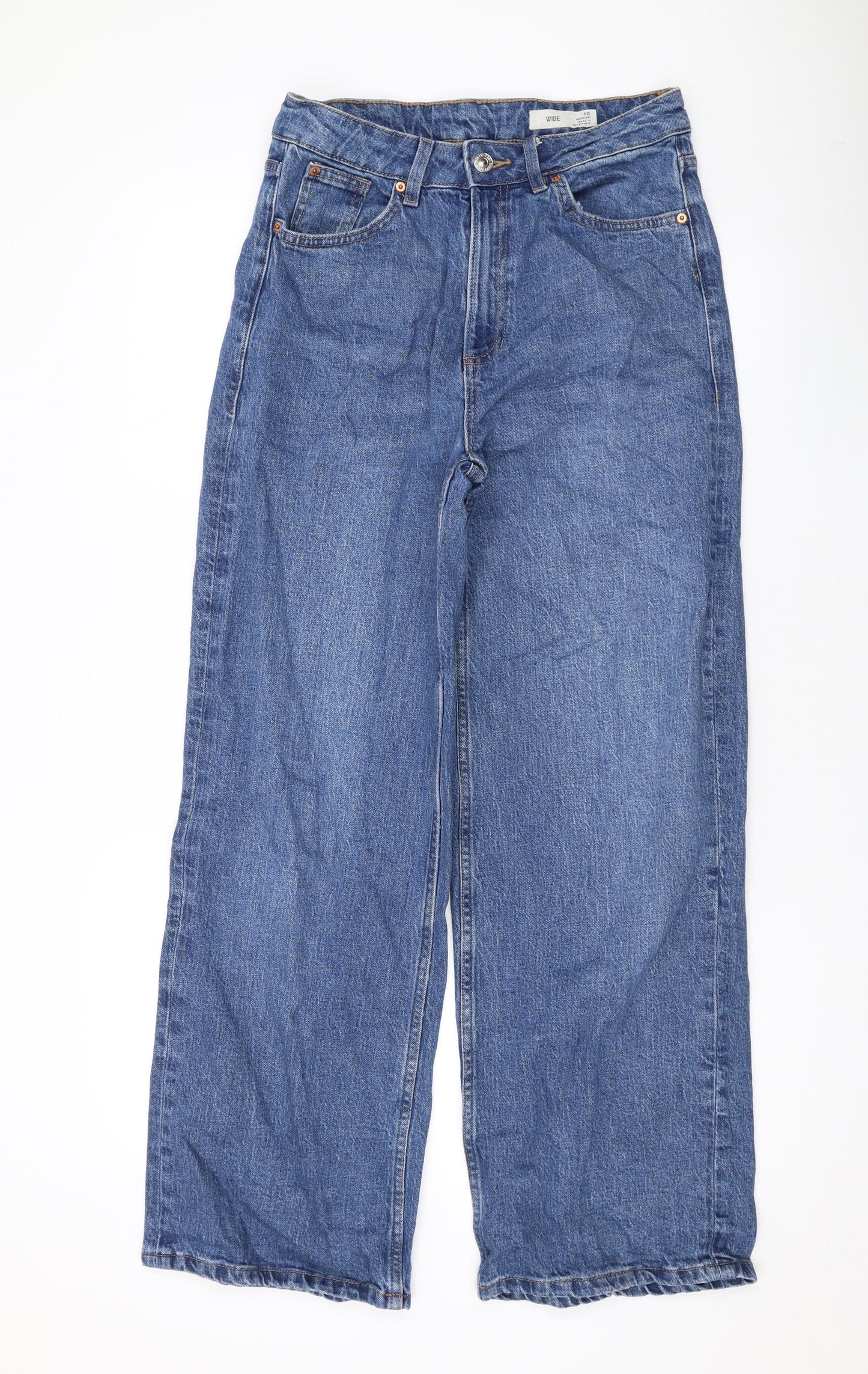 Marks and Spencer Womens Blue Cotton Wide-Leg Jeans Size 10 L29 in Regular Zip