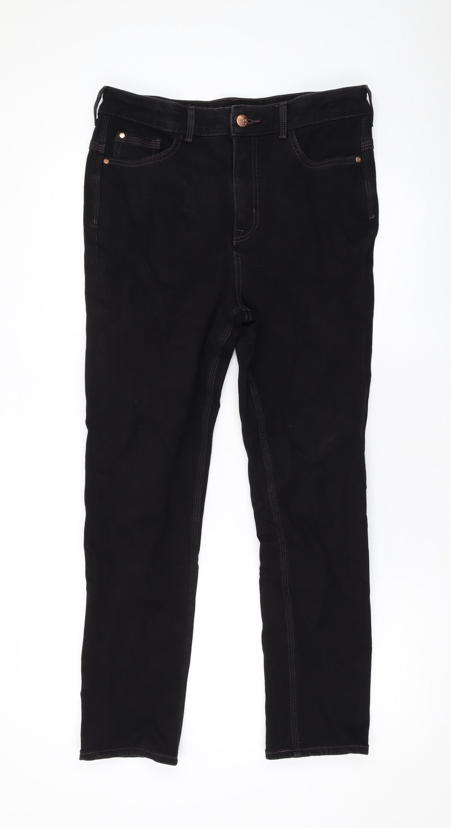 Marks and Spencer Womens Black Cotton Straight Jeans Size 14 L26 in Regular Zip
