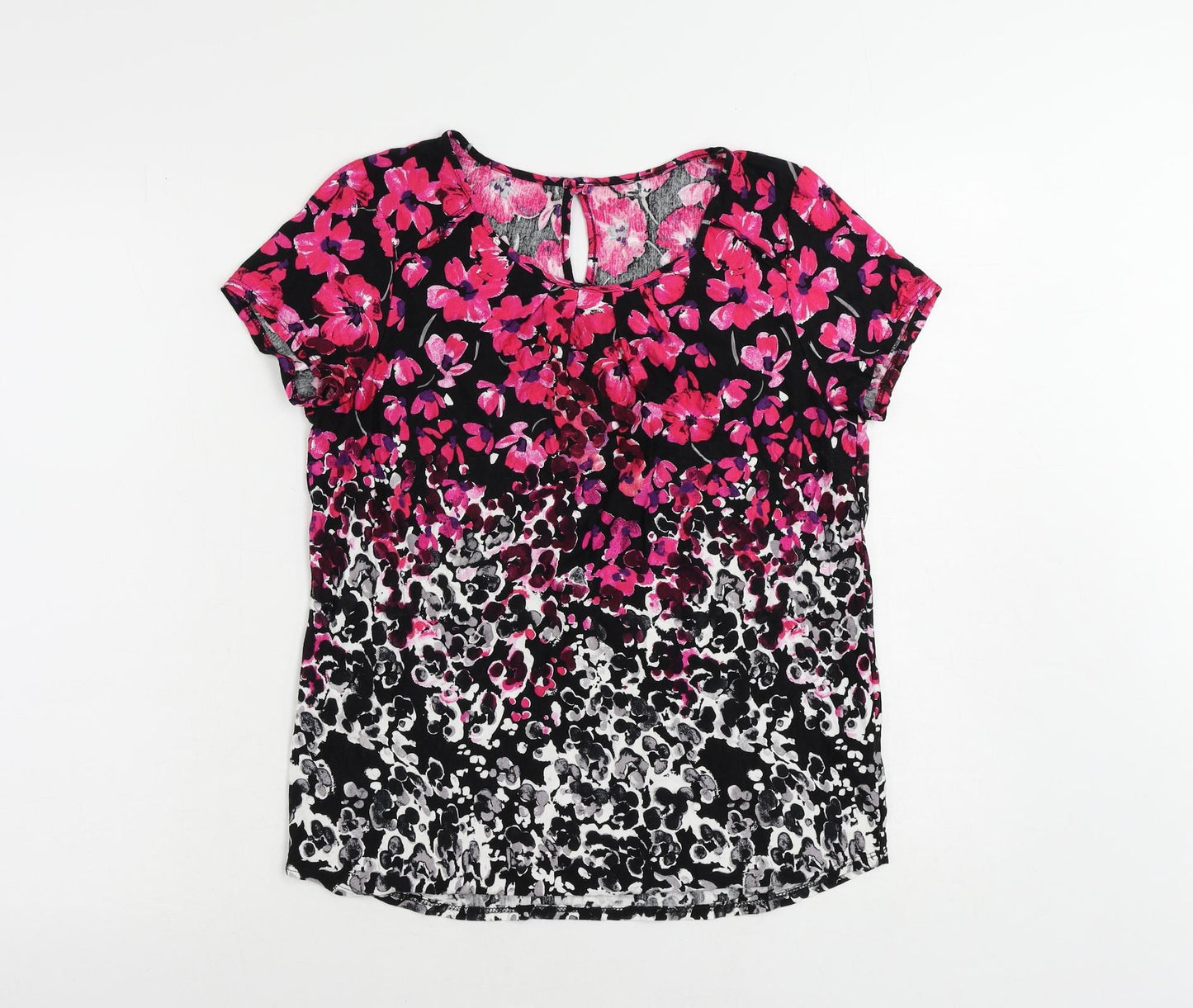 M&Co Womens Black Floral Viscose Basic Blouse Size 12 Boat Neck