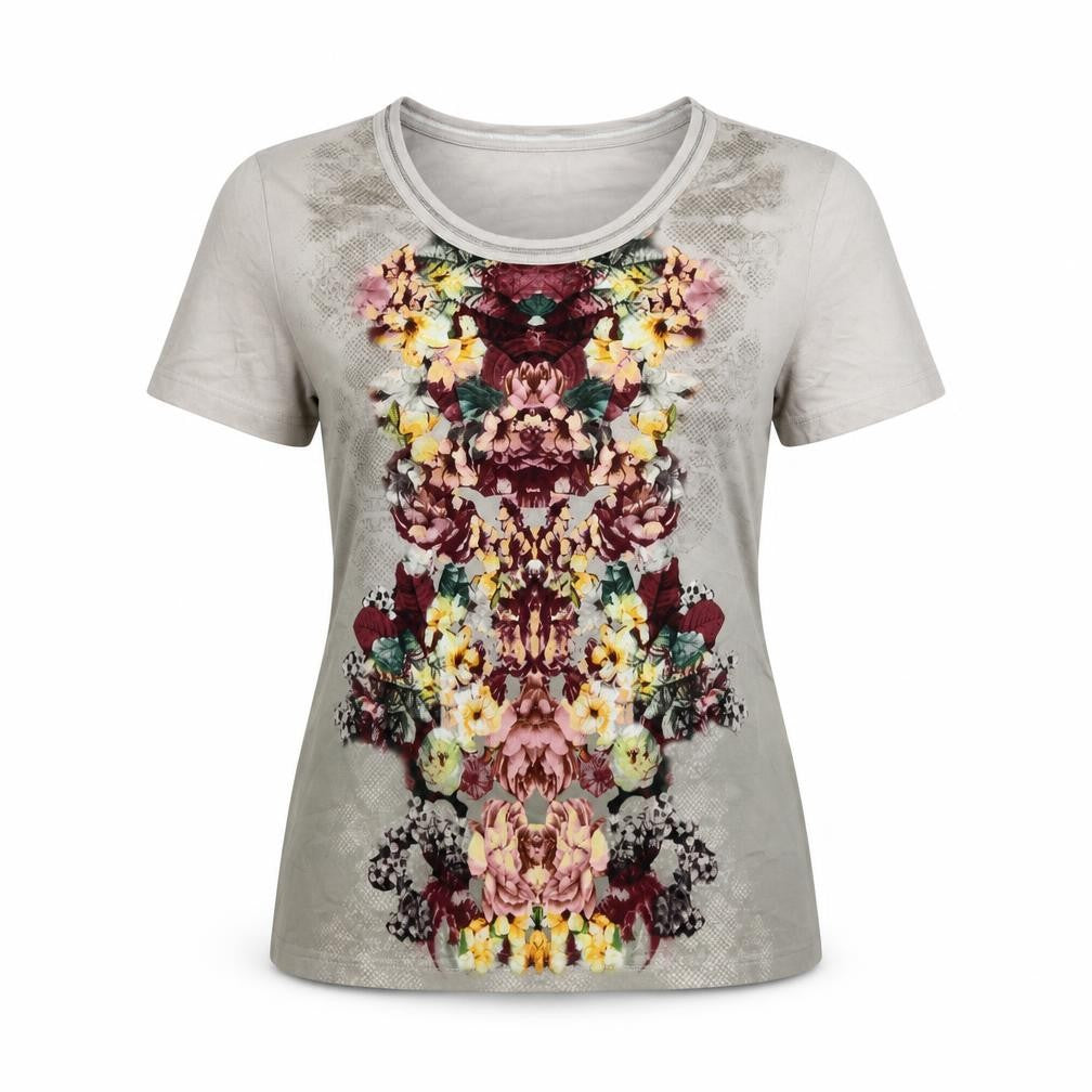 Front view of Gerry Weber women’s grey floral polyester basic t-shirt, size UK 10, round neck