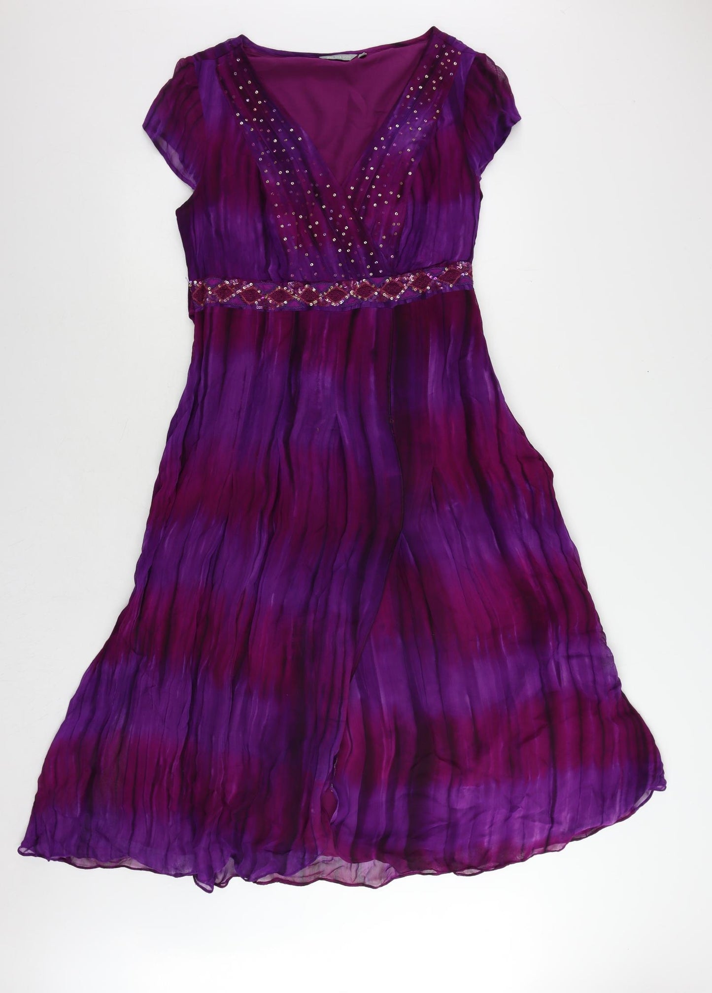 Per Una Womens Purple Geometric Viscose A-Line Size 14 V-Neck Zip - Sequin