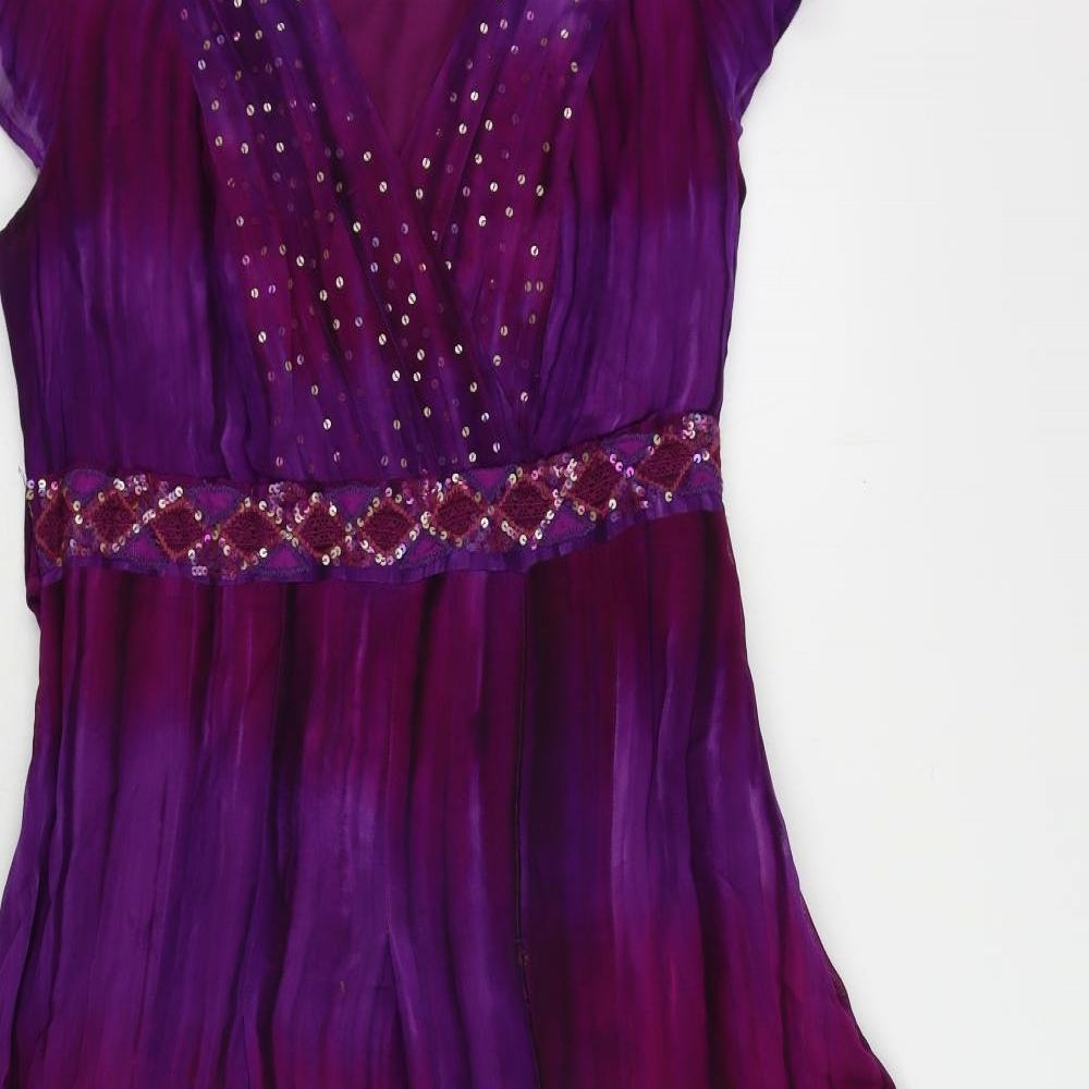 Per Una Womens Purple Geometric Viscose A-Line Size 14 V-Neck Zip - Sequin