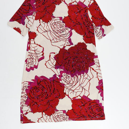Marks and Spencer Womens Red Floral Polyester Shift Size 14 Boat Neck Pullover