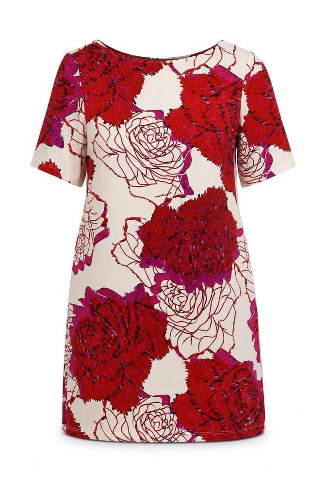 Front view of Marks & Spencer women’s red floral polyester shift, size UK 14, boat neck pullover