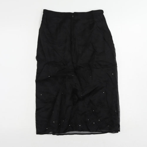 Warehouse Womens Black Silk Straight & Pencil Skirt Size 12 Zip - Embroidered