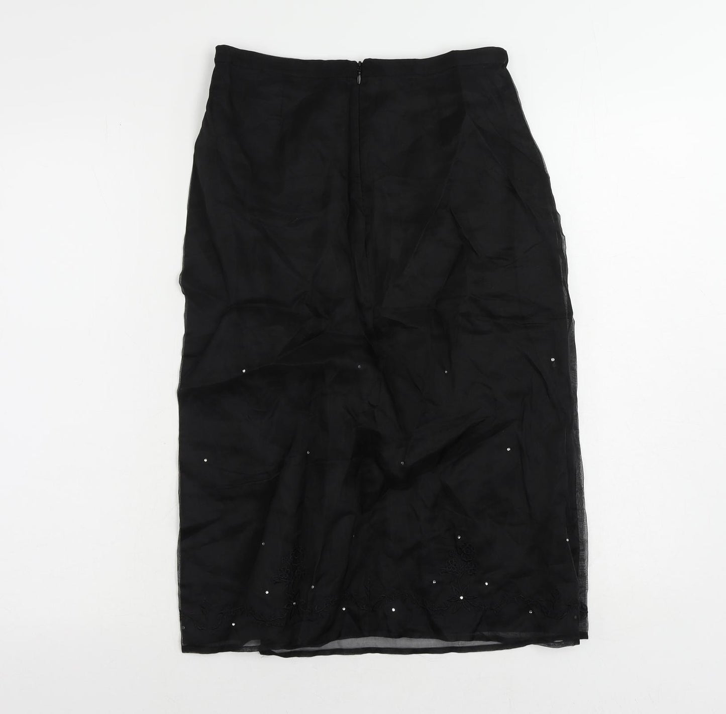 Warehouse Womens Black Silk Straight & Pencil Skirt Size 12 Zip - Embroidered
