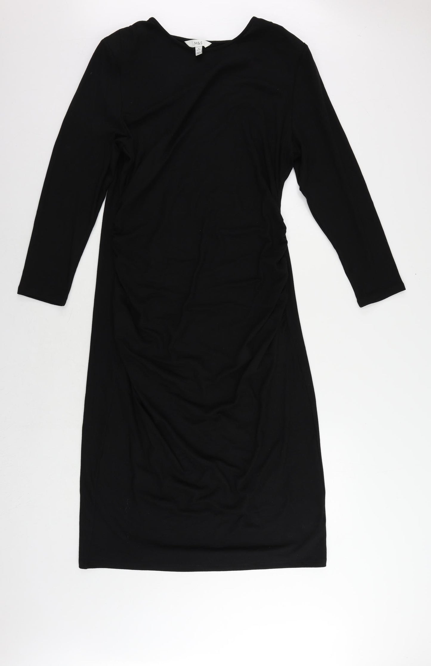 Marks and Spencer Womens Black Polyester Jumper Dress Size 16 Round Neck Pullover - Ruched
