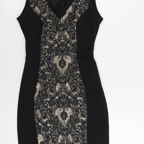 Warehouse Womens Black Paisley Cotton Mini Size 8 V-Neck Zip