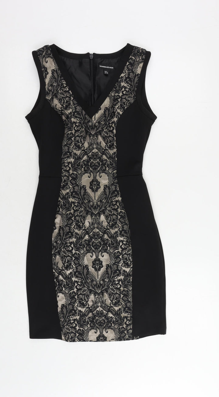 Warehouse Womens Black Paisley Cotton Mini Size 8 V-Neck Zip