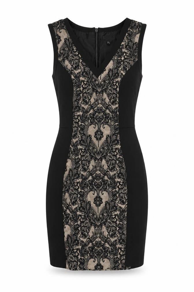 Front view of Warehouse women’s black paisley cotton mini, size UK 8, v-neck zip