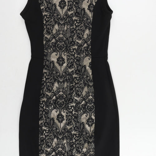 Warehouse Womens Black Paisley Cotton Mini Size 8 V-Neck Zip