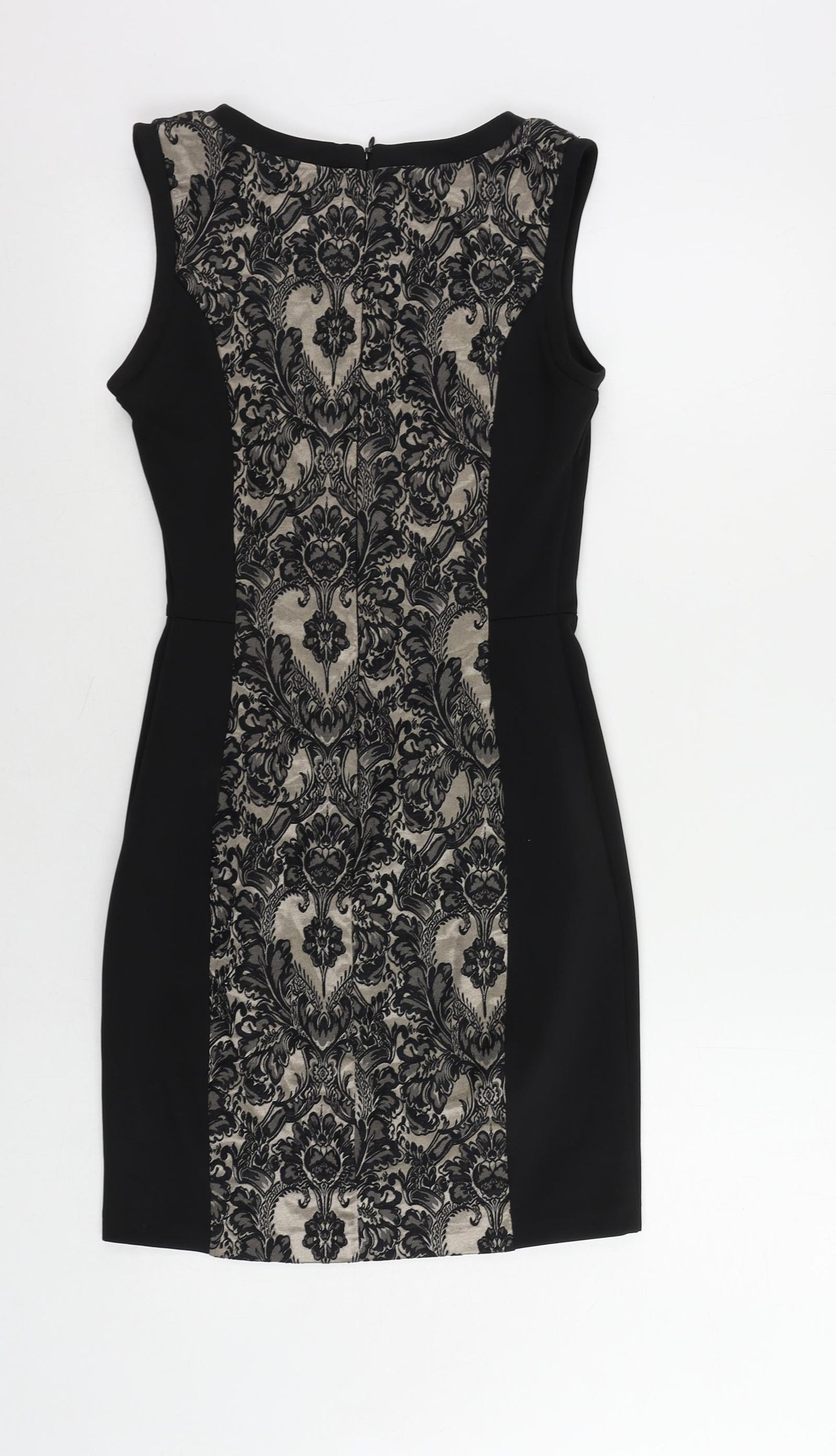 Warehouse Womens Black Paisley Cotton Mini Size 8 V-Neck Zip