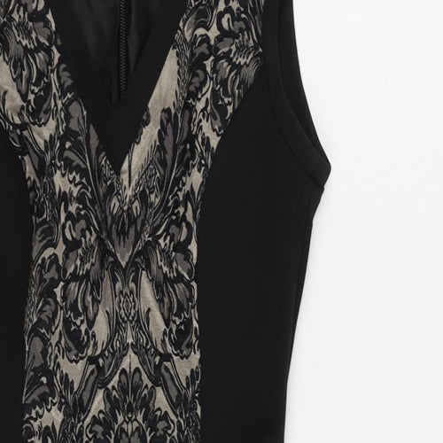 Warehouse Womens Black Paisley Cotton Mini Size 8 V-Neck Zip