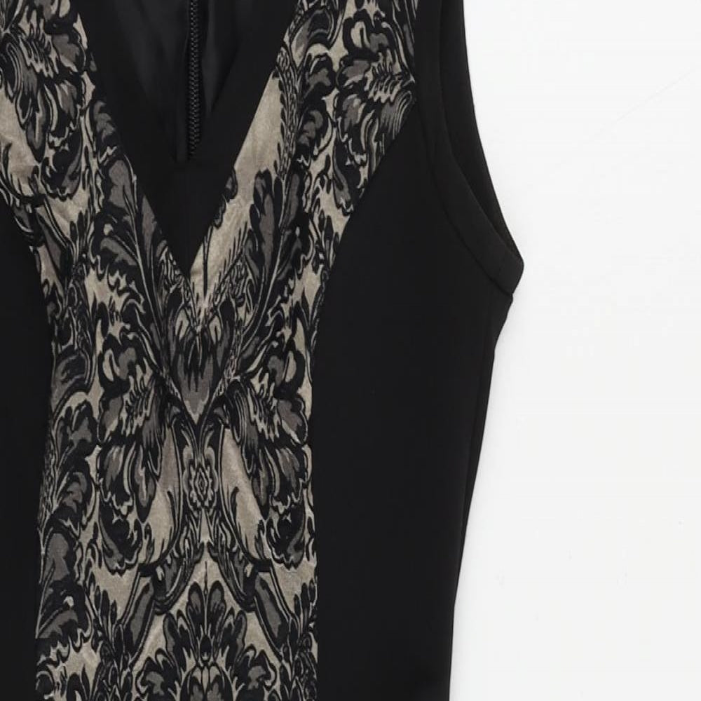 Warehouse Womens Black Paisley Cotton Mini Size 8 V-Neck Zip