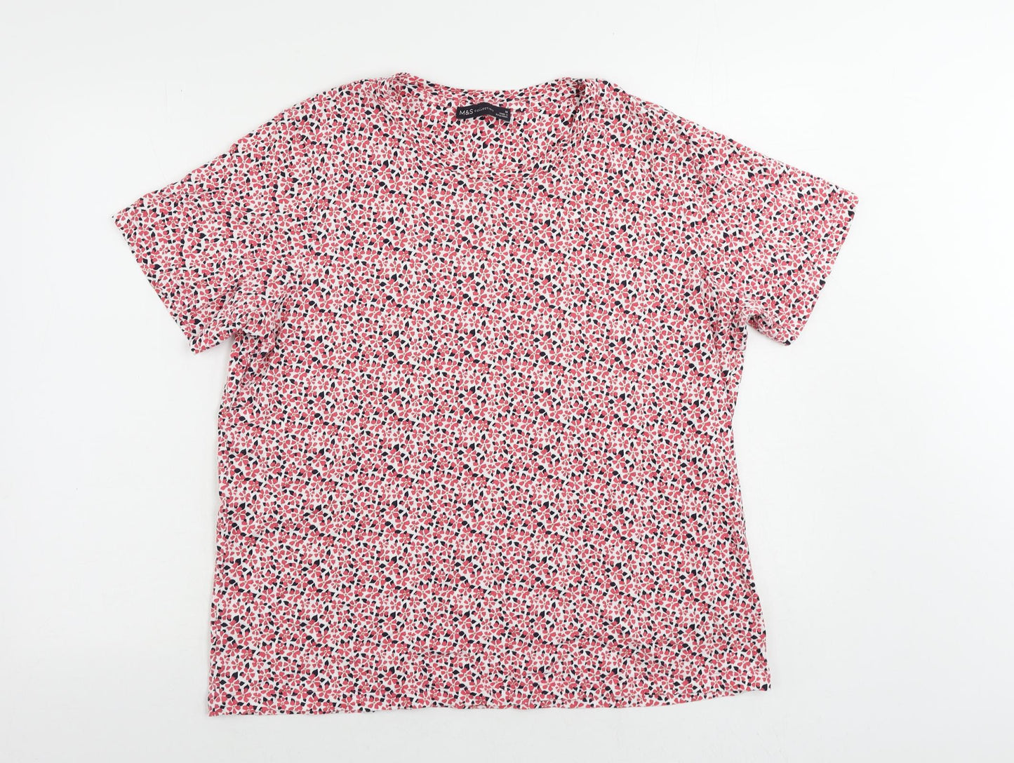 Marks and Spencer Womens Red Geometric Cotton Basic T-Shirt Size 18 Crew Neck