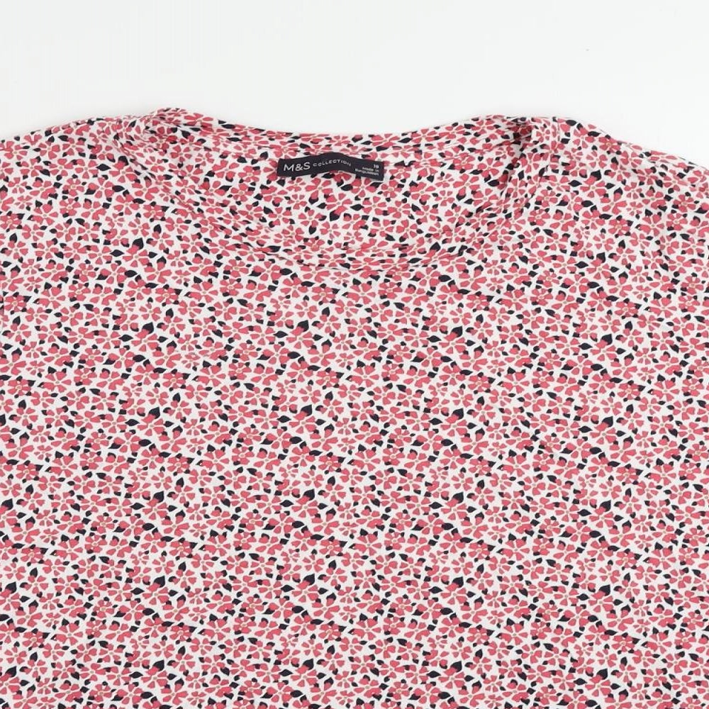 Marks and Spencer Womens Red Geometric Cotton Basic T-Shirt Size 18 Crew Neck