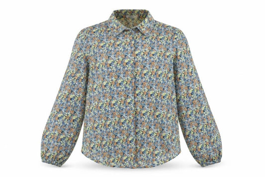 Front view of ValleyGirl women’s blue floral polyester basic button-up, size UK 10, collared