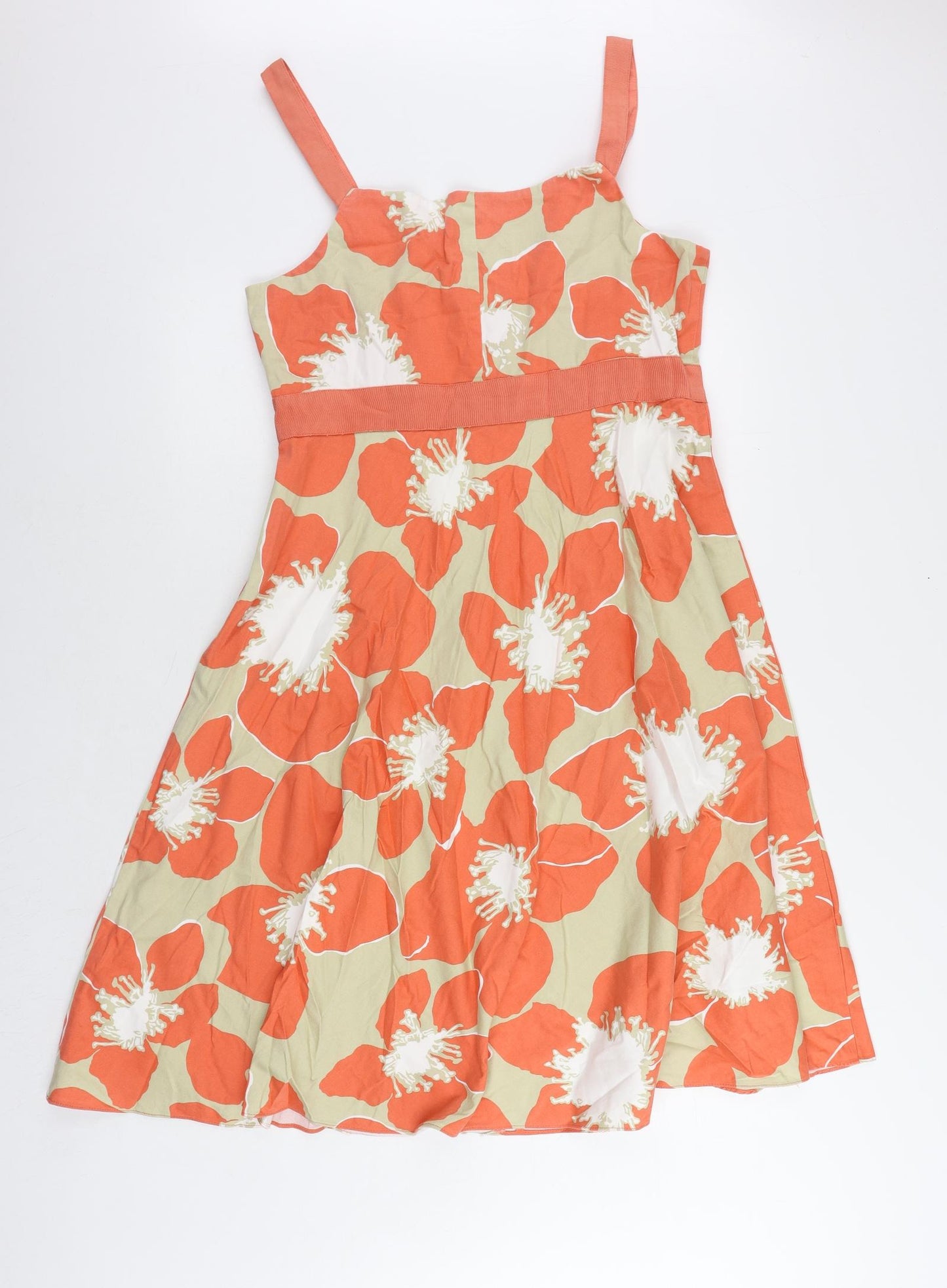 Debenhams Womens Orange Floral Cotton Tank Dress Size 16 Round Neck Zip