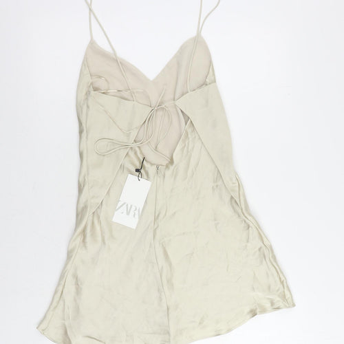 Zara Womens Beige Polyester Slip Dress Size S V-Neck Zip