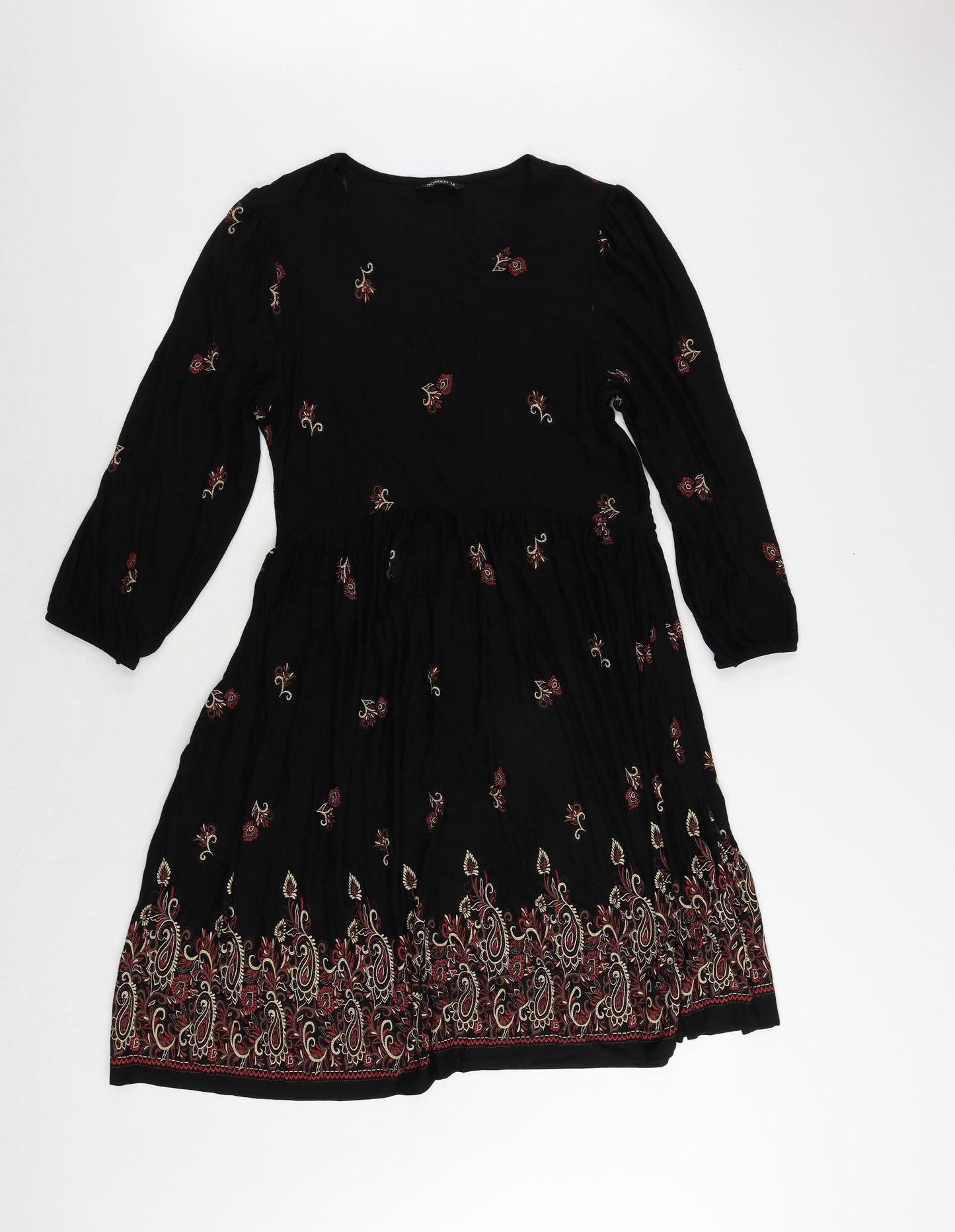 Roman Womens Black Paisley Viscose Fit & Flare Size 14 Round Neck Pullover