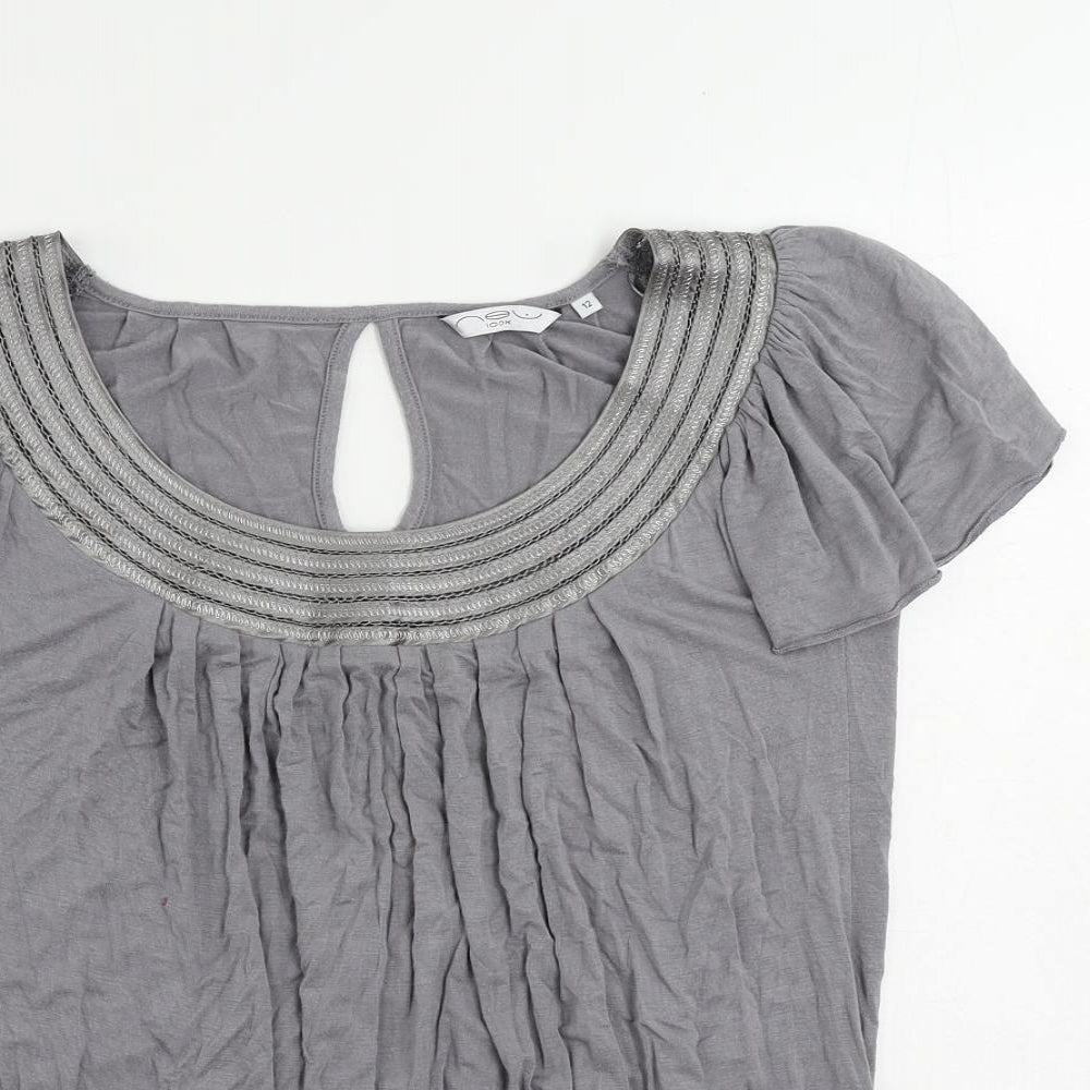 New Look Womens Grey Viscose Basic Blouse Size 12 Boat Neck - Neckline Detail