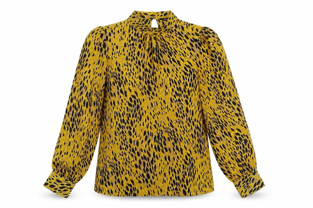 Front view of Blue chameleon women’s yellow animal print polyester basic blouse, size UK 14, mock neck