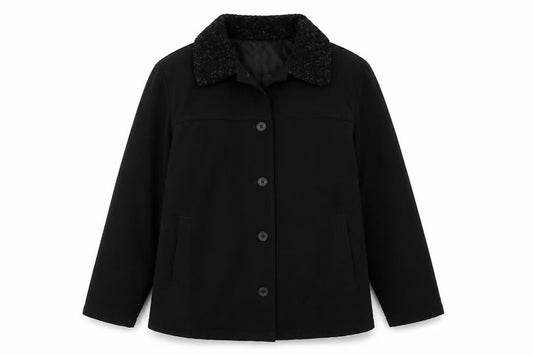 Front view of Port Authority women’s black jacket, size L, button