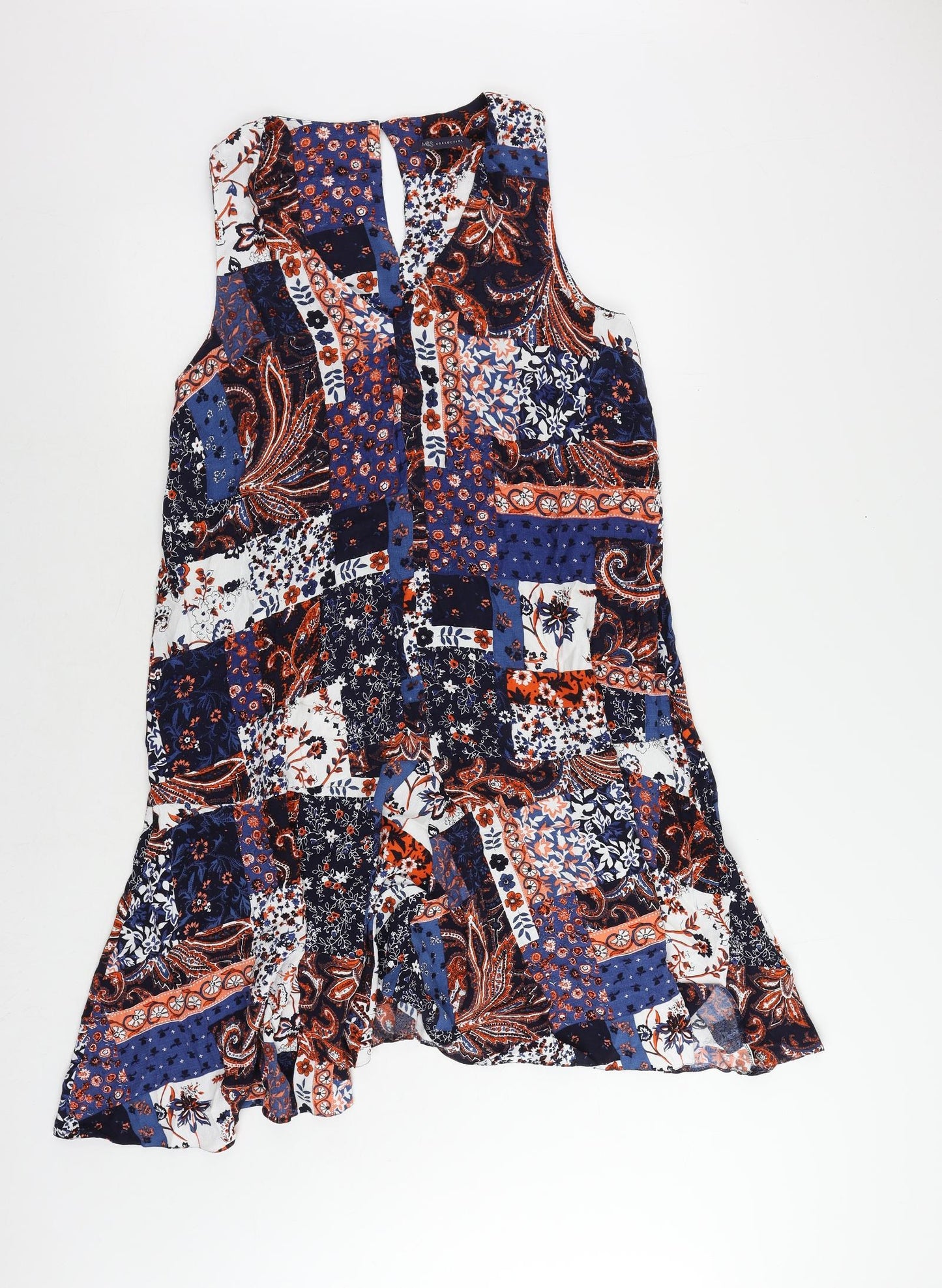 Marks and Spencer Womens Blue Paisley Viscose A-Line Size 14 V-Neck Pullover