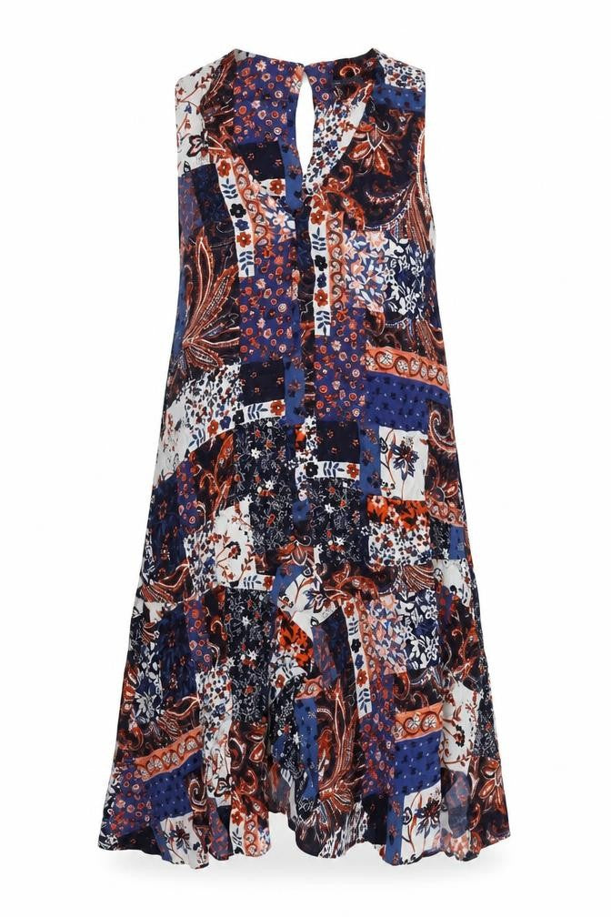 Front view of Marks & Spencer women’s blue paisley viscose a-line, size UK 14, v-neck pullover