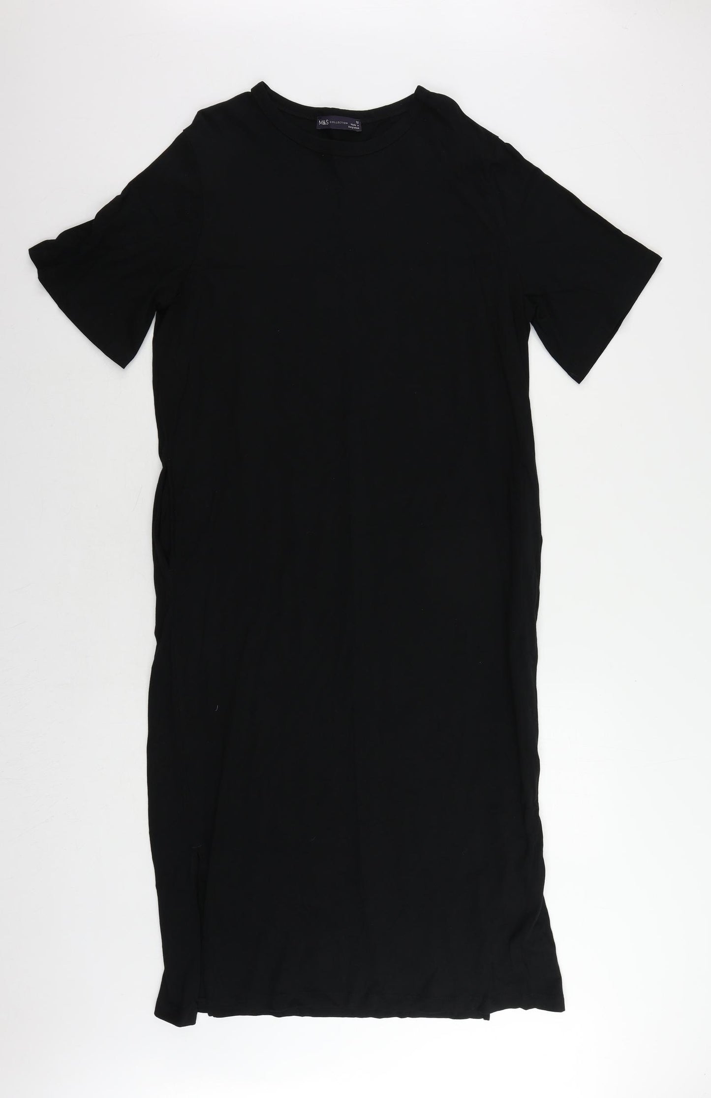 Marks and Spencer Womens Black Cotton T-Shirt Dress Size 12 Crew Neck Pullover - Pockets