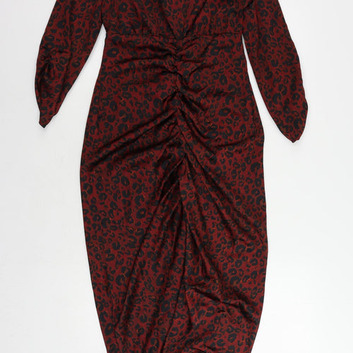 NEXT Womens Red Animal Print Polyester Sheath Size 6 V-Neck Zip - Ruched