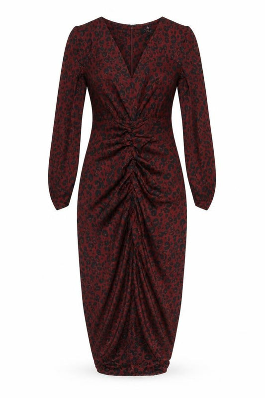 Front view of Next women’s red animal print polyester sheath, size UK 6, v-neck zip - ruched