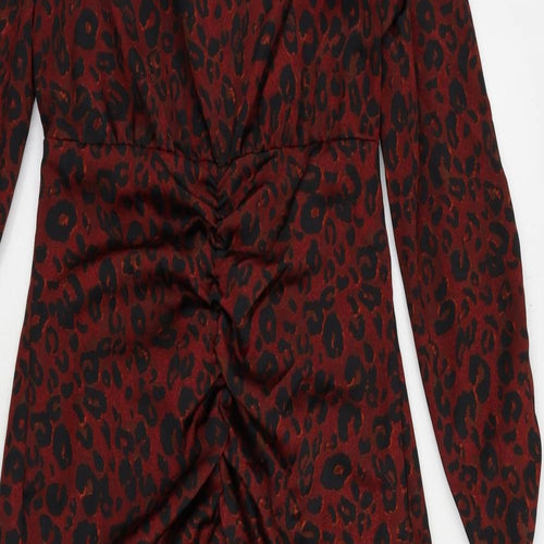 NEXT Womens Red Animal Print Polyester Sheath Size 6 V-Neck Zip - Ruched