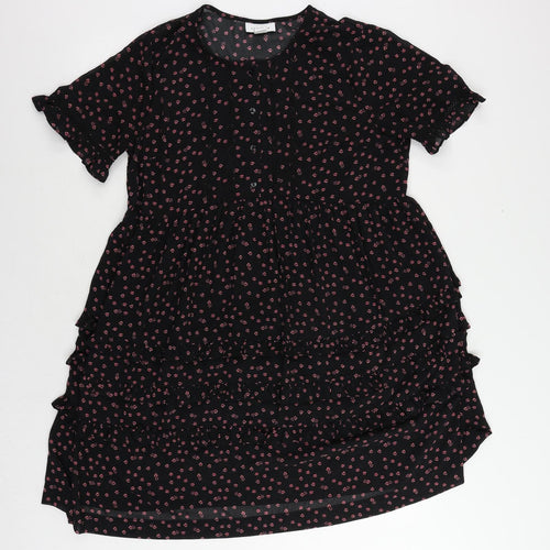 Topshop Womens Black Floral Polyester A-Line Size 10 Round Neck Button - Ruffle