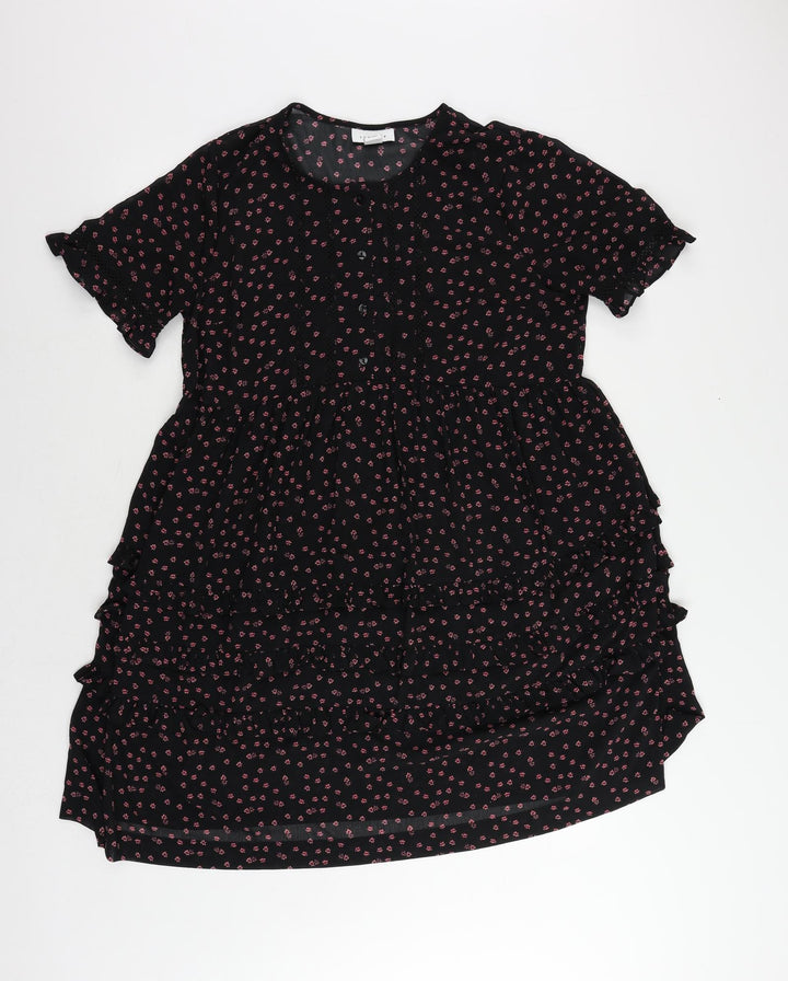 Topshop Womens Black Floral Polyester A-Line Size 10 Round Neck Button - Ruffle