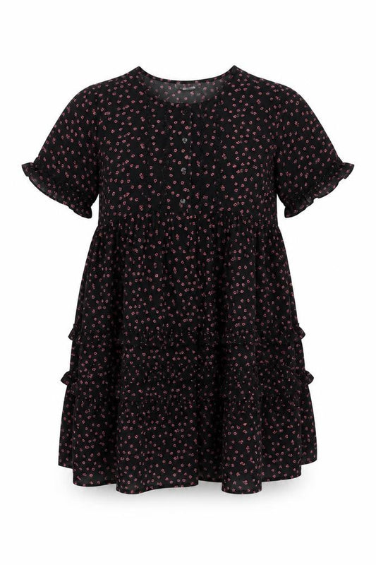 Front view of Topshop women’s black floral polyester a-line, size UK 10, round neck button - ruffle