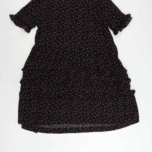 Topshop Womens Black Floral Polyester A-Line Size 10 Round Neck Button - Ruffle