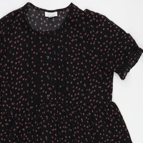 Topshop Womens Black Floral Polyester A-Line Size 10 Round Neck Button - Ruffle