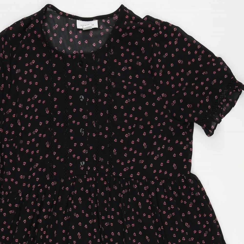 Topshop Womens Black Floral Polyester A-Line Size 10 Round Neck Button - Ruffle