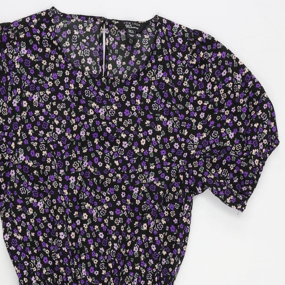 New Look Girls Black Floral Polyester A-Line Size 13 Years Round Neck Button