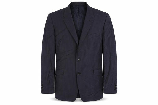 Front view of Marks & Spencer men’s blue striped polyester jacket suit jacket, size 48, regular