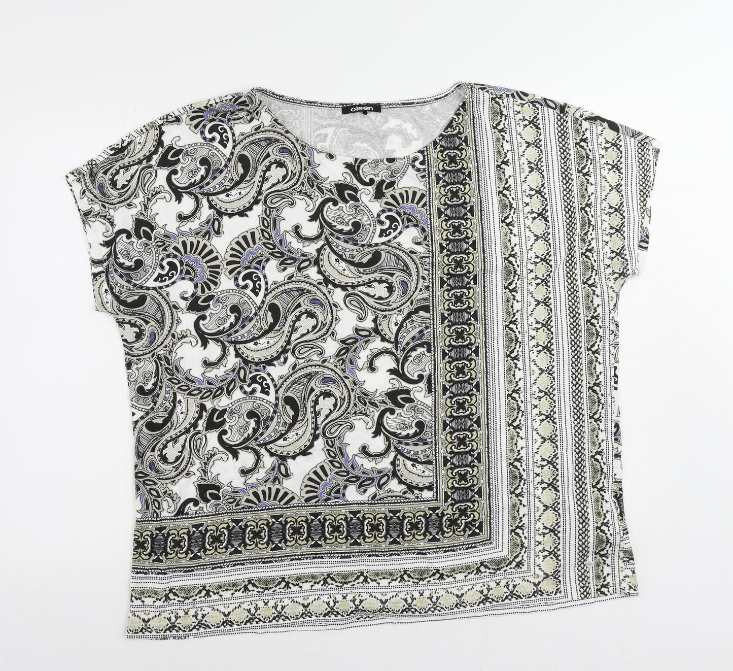Olsen Womens White Paisley Cotton Basic T-Shirt Size 20 Boat Neck