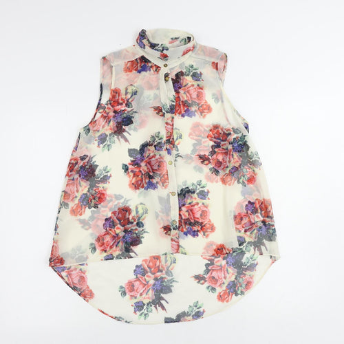 Topshop Womens Ivory Floral Polyester Basic Button-Up Size 10 Collared - Sheer