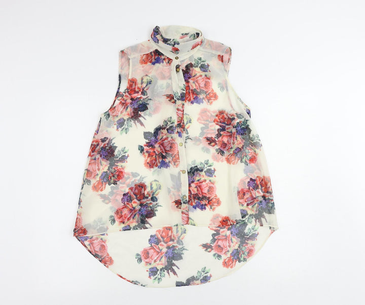Topshop Womens Ivory Floral Polyester Basic Button-Up Size 10 Collared - Sheer