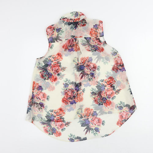Topshop Womens Ivory Floral Polyester Basic Button-Up Size 10 Collared - Sheer
